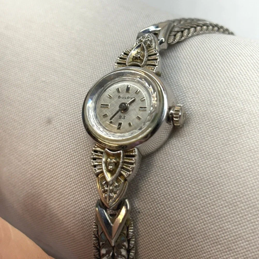 Bulova Wristwatch Womens 5.5 Silver Good 1960s 10k RGP Diamond Cocktail 23 Jwl